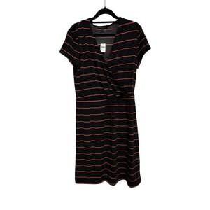Banana Republic Black Coral Stripe V Neck Wrap Waist Midi Dress Size M